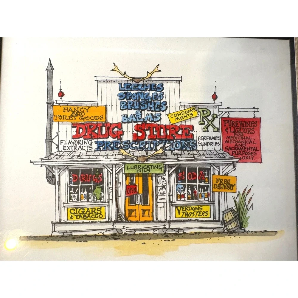 Roger Mason Signed Hand Watercolored Print Drug Store 1990 Framed Art 7x7 - Picture 2 of 6